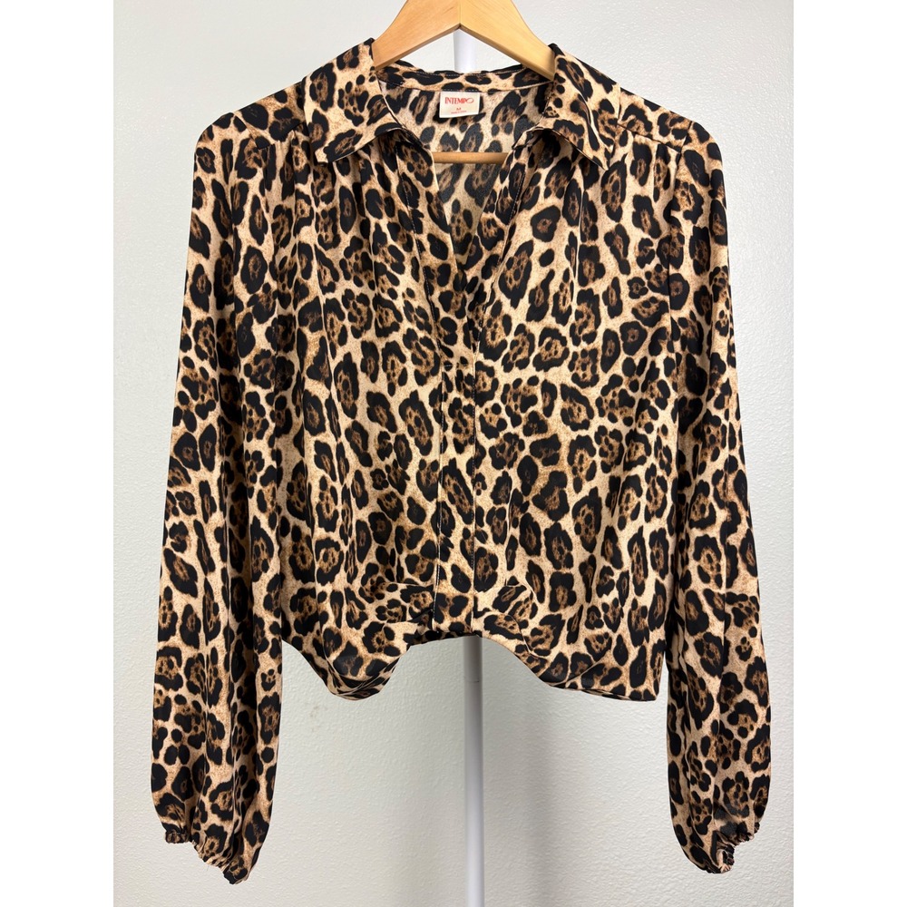 Intempo Women Leopard Print Collared Long Sleeve Cropped Blouse Brown Medium